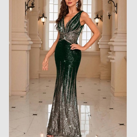 Luxe V neck party formal evening sequins gown dress - Picture 7 of 7